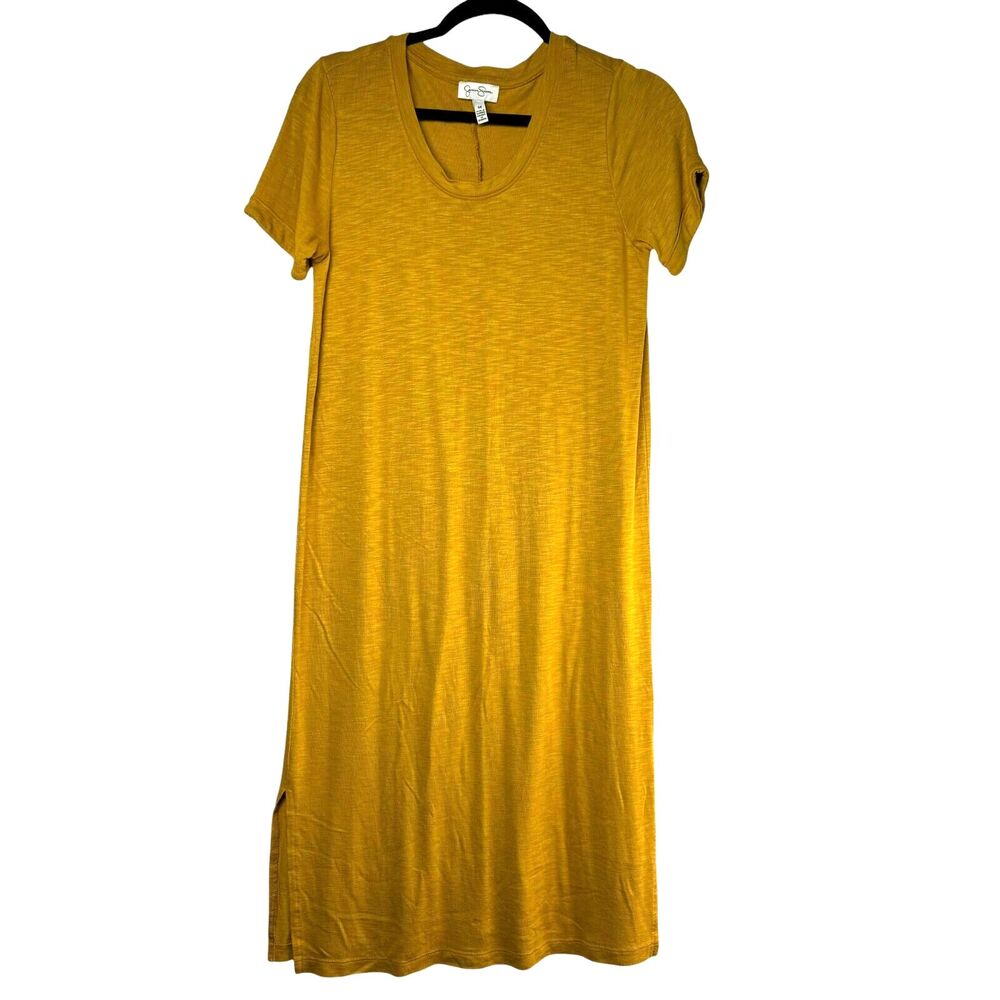 Jessica Simpson Dress Womens Medium Yellow Midi Short Sleeve Side Slits Bohemian